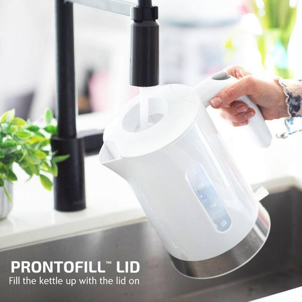 OVENTE 6.3-Cup White Glass Electric Kettle with ProntoFill