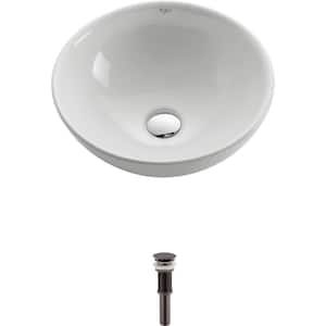 Soft Round Ceramic Vessel Bathroom Sink in White with Pop Up Drain in Oil Rubbed Bronze