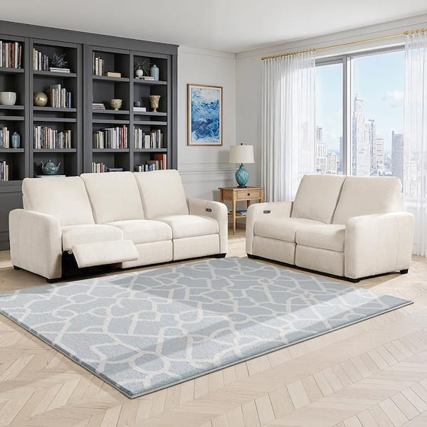 Jules 89.5 in. W Track Arm Chenille Rectangle 2-Piece Power Double Reclining Sofa Set with USB Charging Ports in Beige