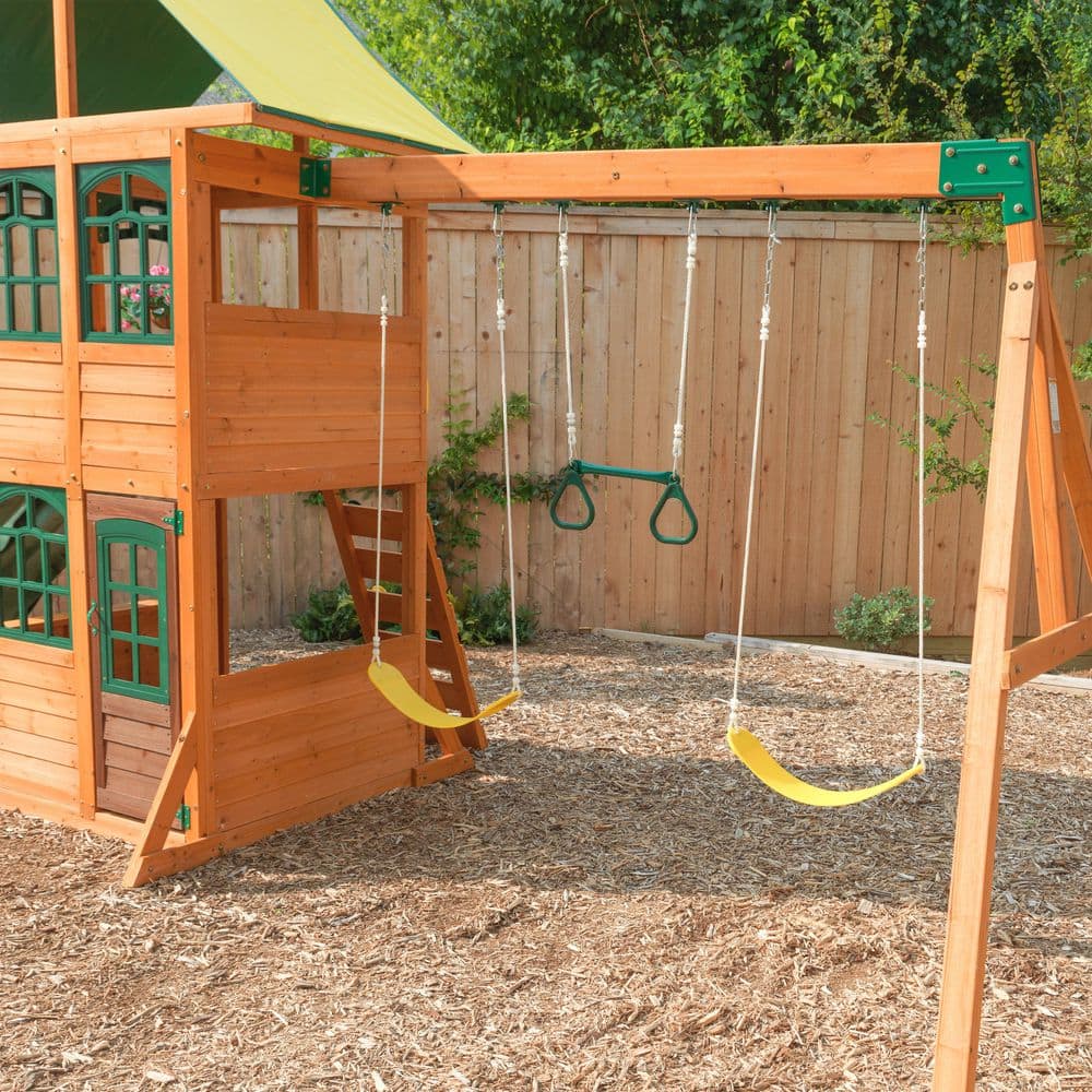 Treasure Cove Cedar Wooden Swing Set with Green Slides