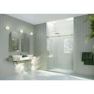 60 in. W x 78 in. H Sliding Frameless Shower Door with Square Hardware in Satin Brass