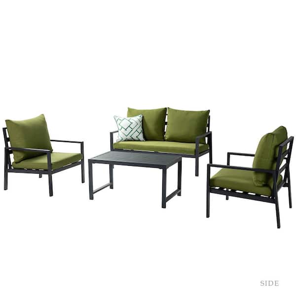 Unbranded Black 4-Pieces Metal Sofa Outdoor Sofa Sectional Set with Shadow Green Cushion
