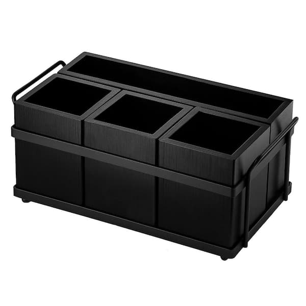 5 in. H x 6.4 in. W x 11 in. D Modern Black Wood Silverware Holder Organizer Caddy for Spoons Forks Plates Napkins