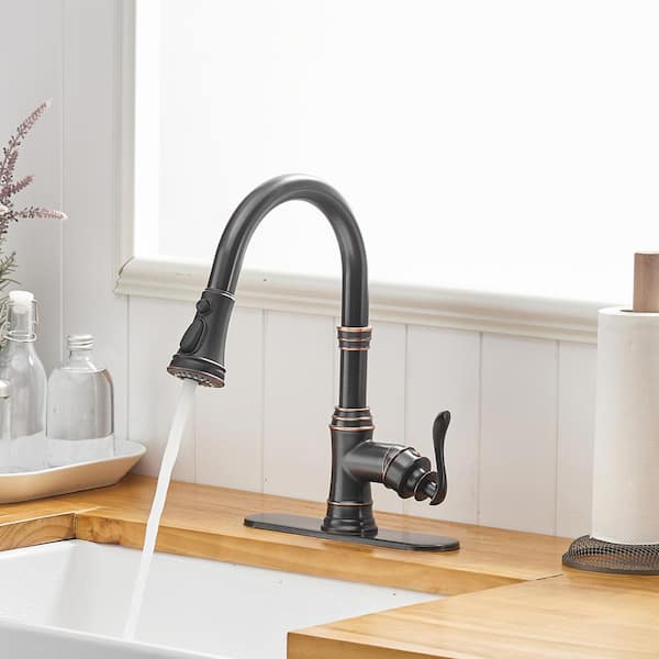 Kitchen Faucet Single Handle Pull Down Sprayer Oil Rubbed Bronze Deck With Cover 