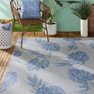 Palm Silver/Blue 8 ft. x 10 ft. Indoor/Outdoor Area Rug