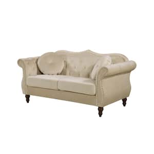 Bellbrook 66 in. Ivory Velvet 2-Seat Chesterfield Loveseat with Removable Cushions