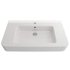 Parma Wall-Mounted White Fireclay Bathroom Sink 33.5 in. 1-Hole with Overflow