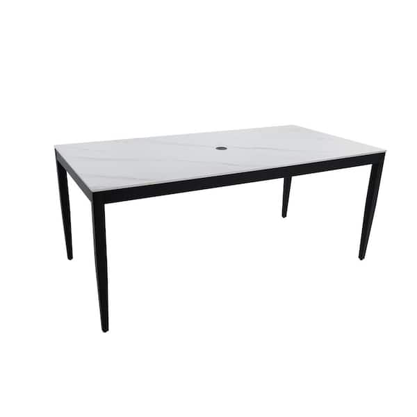 35.5 in. x 71 Black Outdoor Modern Patio Aluminum Dining Table, Greek White Marble Stone Top, Weatherproof Umbrella hole