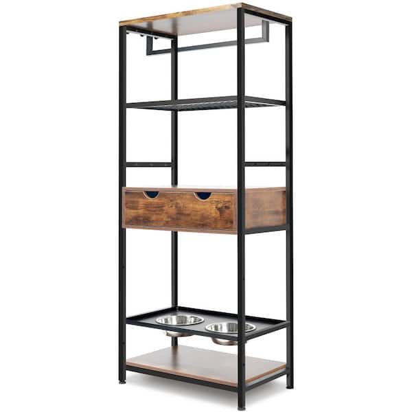 maocao hoom 3 Height Adjustable Raised Dog Bowls Metal and Wood Dog Feeder Station with shelves in Black