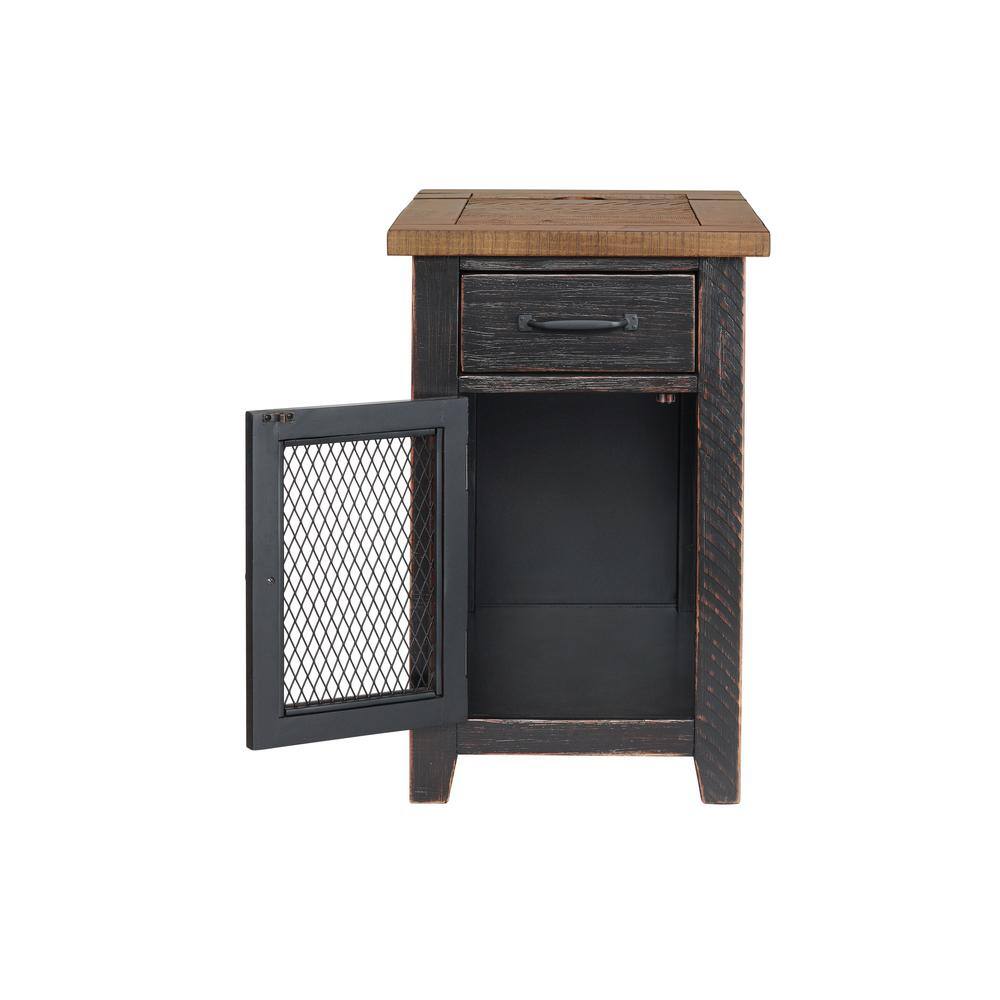 Espresso Rustic Pine Chairside Table with Power Outlets and Storage