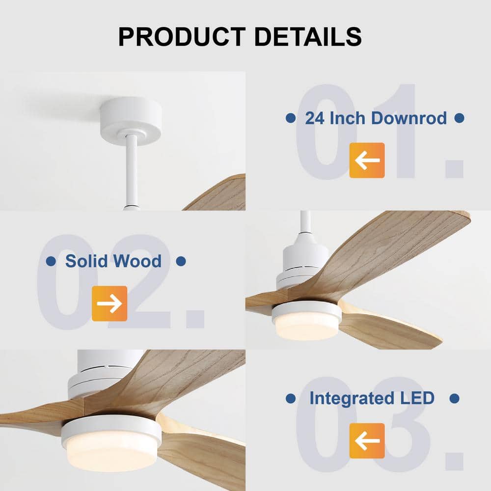 52-Inch White and Natural Wood Ceiling Fan with LED Light and Remote