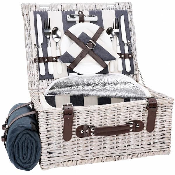 Classic 14-Piece Beige Willow Picnic Basket Set for 2 with Insulated Cooler and Waterproof Blanket