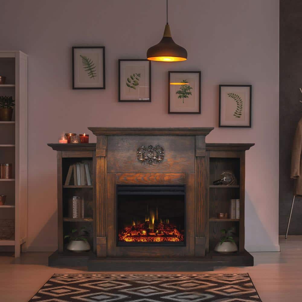 Sanoma 72'' Walnut Electric Fireplace with Mantel and Bookshelves