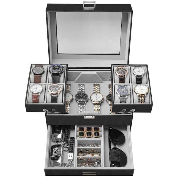 Unbranded 8-Slot Watch Box-3-Layer PU Leather Organizer with Sunglass & Jewelry Storage, Black, 10.63 in. x 8.27 in. x 6.5 in.