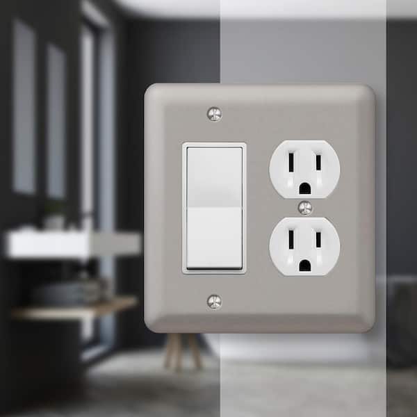 Declan 2 Gang 1-Duplex and 1-Rocker Steel Wall Plate - Pewter