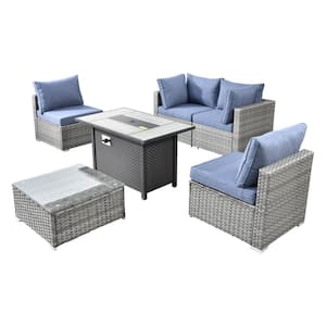 Sanibel Gray 6-Piece Wicker Outdoor Patio Conversation Sofa Sectional Set with a Metal Fire Pit and Denim Blue Cushions