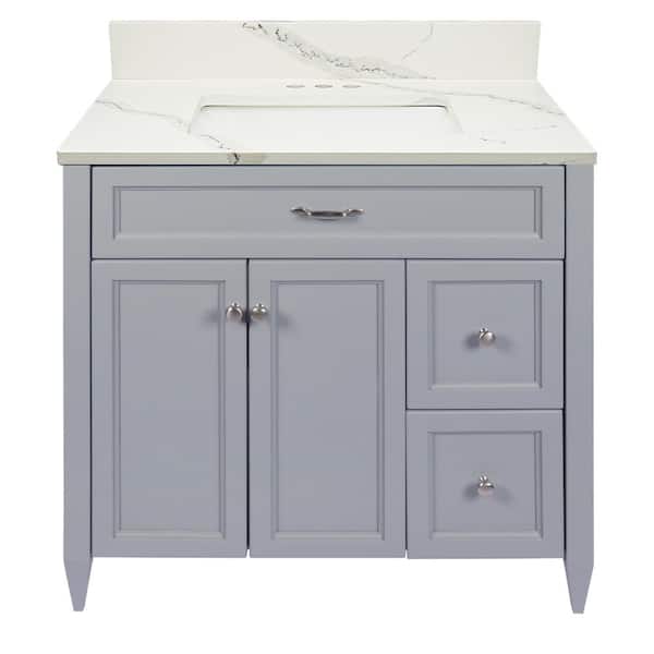 Ella Vail 37 in. W x 22 in. D x 36 in. H Bath Vanity in Gray with Quartz Stone Calacatta White Top with White Basin