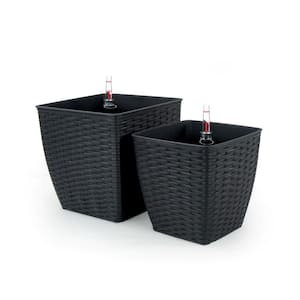 Dark Gray Hand Woven Wicker and Plastic Thin Square Self-Watering Planter Pot Set (2-Pack)