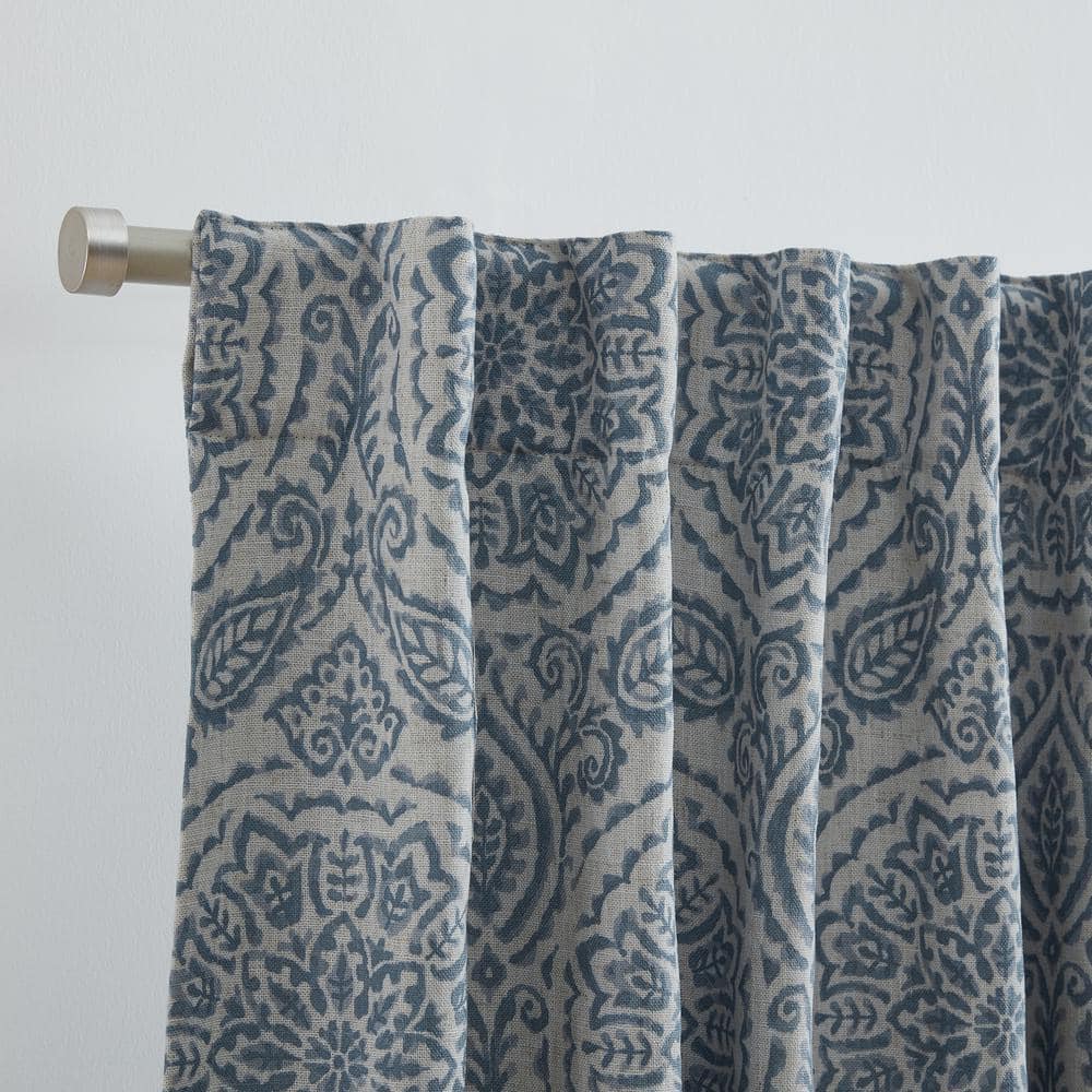 Blue Medallion Print Blackout Linen-Polyester Window Curtains