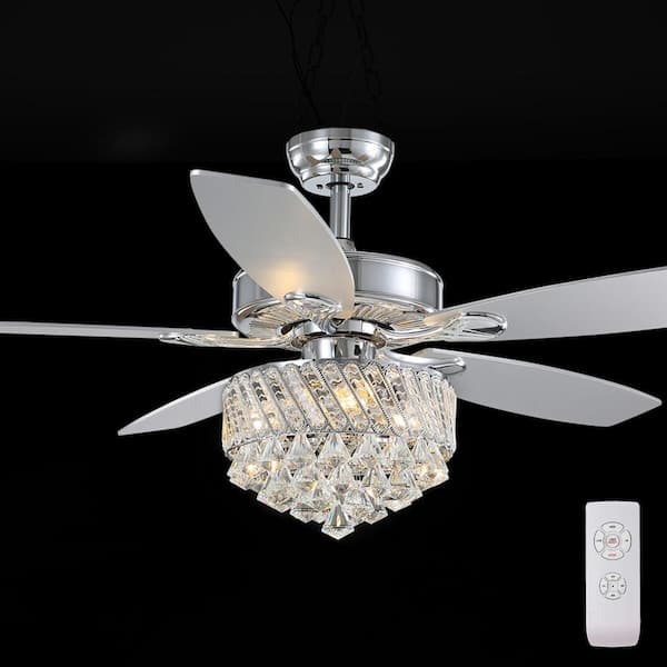 ANTOINE 51 in. Indoor Chrome Crystal Chandelier Ceiling Fan with Light, Remote, Downrod and AC Reversible Motor
