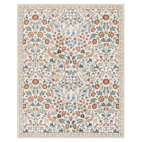 Multi-Colored Floral Plant Washable Beige 8 ft. x 10 ft. Area Rug
