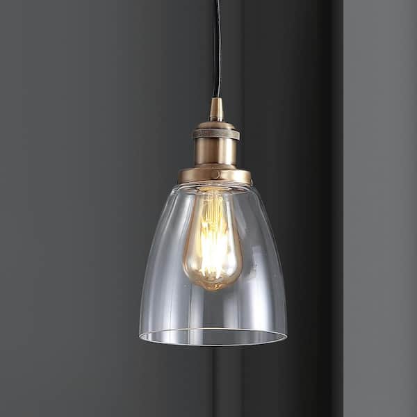 JONATHAN Y Cleo 5.5 in. 1-Light Brass Gold Adjustable Metal/Glass LED Pendant