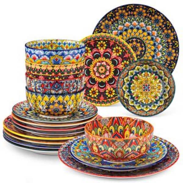 18-Piece Multi-colored Porcelain Dinnerware Set Service for 6 Bowls (Double-Sided Pattern) and Plates Set Bohemian Style