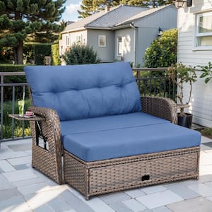 Wicker Patio Outdoor Daybed with Loveseat and Storage Ottoman, Blue Cushions, 5-Level Adjustable Backrest and 2 Trays