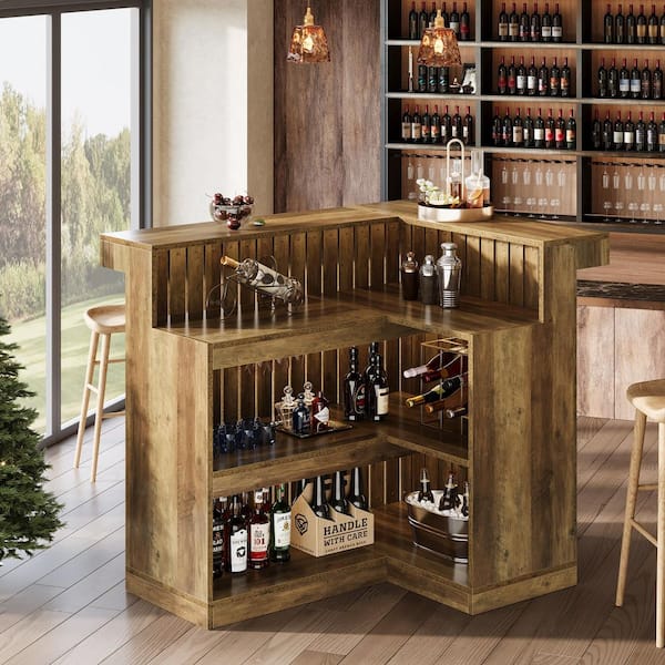 BYBLIGHT Kearsten L-shaped Bar Table with 3 Muti-Bottle Shelves, Brown Wooden Bar Counter Cocktail Table for Bars, Restaurants