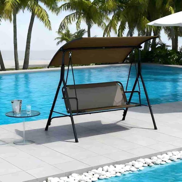 3-Person Metal Patio Swing Outdoor with Adjustable Tilt Canopy, Brown