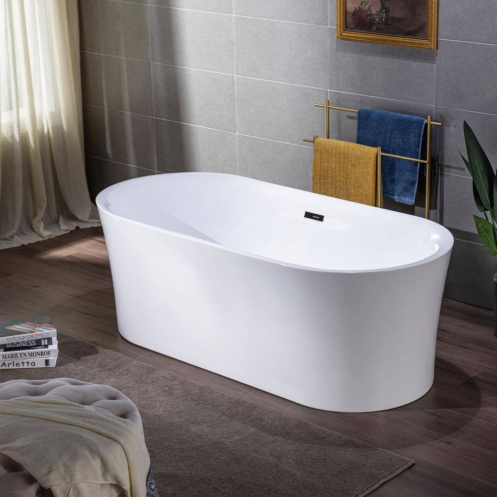 White Acrylic Oval Freestanding Soaking Bathtub with Center Drain