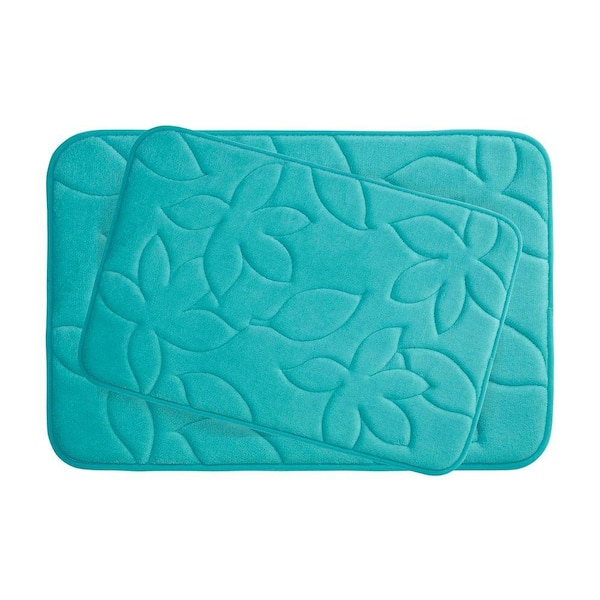 BounceComfort Blowing Leaves Turquoise 20 in. x 34 in. Memory Foam 2-Piece Bath Mat Set
