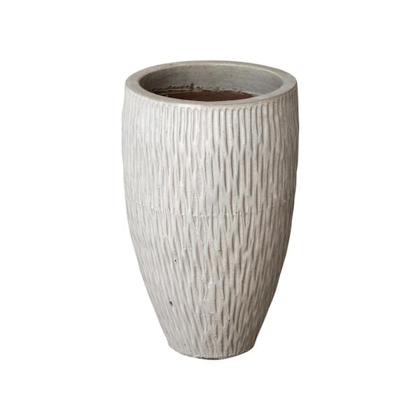 Emissary Tall 17 in. L x 27 in. H Distressed White Ceramic Round Planter with Drainage Hole