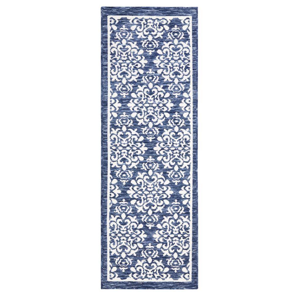 Navy Blue Tufted Medallion Washable Runner Rug 24" x 72"