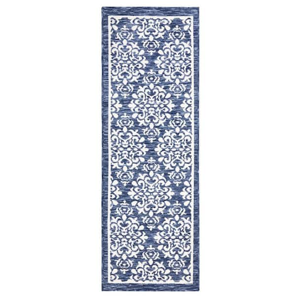 TOWN & COUNTRY LIVING Everyday Walker Damask Medallion Navy Blue 24 in. x 72 in. Machine Washable Runner Kitchen Mat