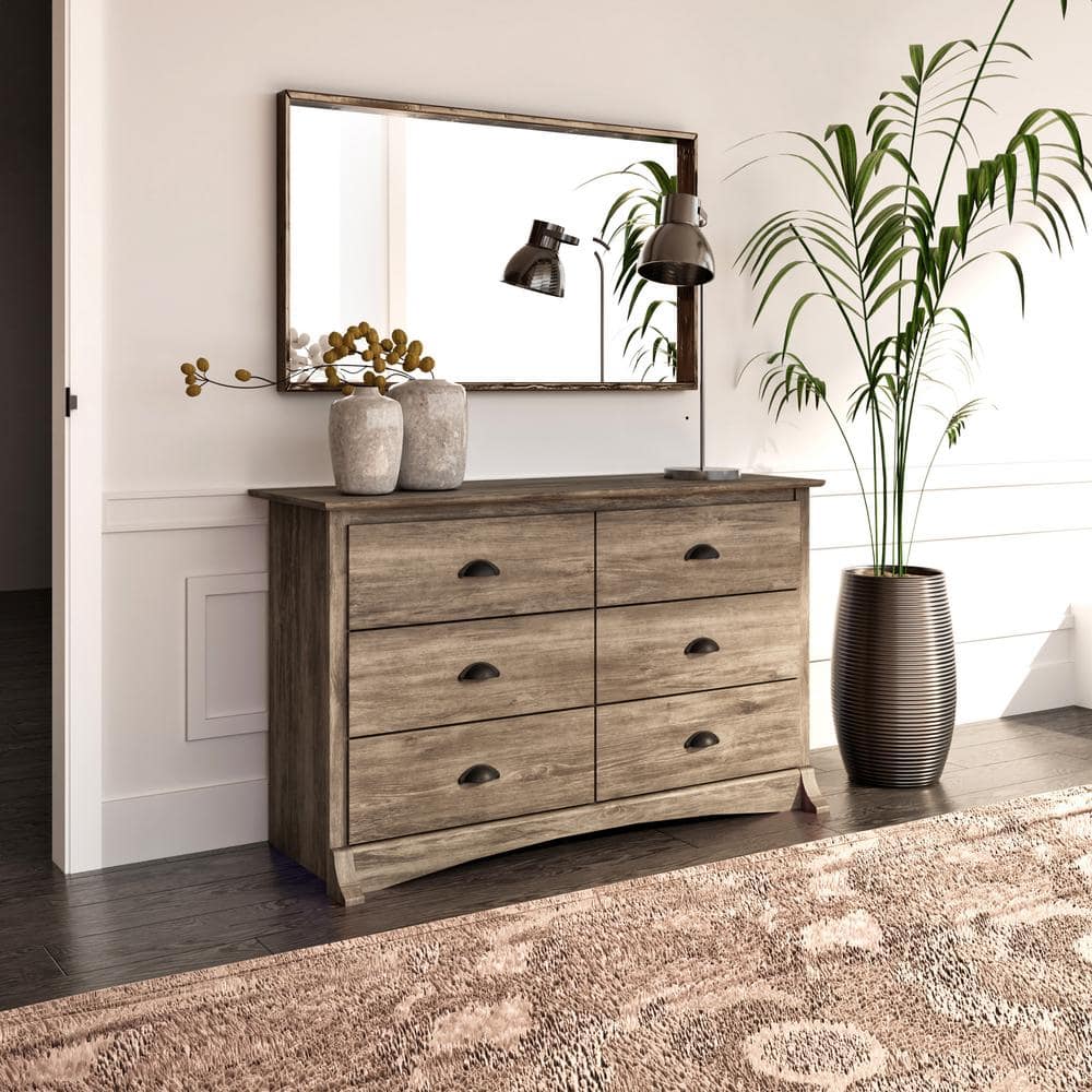 Coastal Gray 6-Drawer Double Dresser with Black Metal Handles