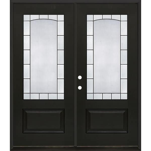 Regency 72 in. x 80 in. 3/4L Empire Decorative Glass RHIS Onyx Fiberglass Double Prehung Front Door with 4-9/16 Jamb