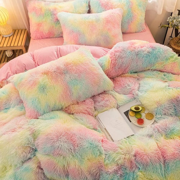 Afoxsos 5-Piece Rainbow Polyester Shaggy Duvet Cover Bedding Set-Fluffy Comforter Cover Long Faux Fur in Multi-Color