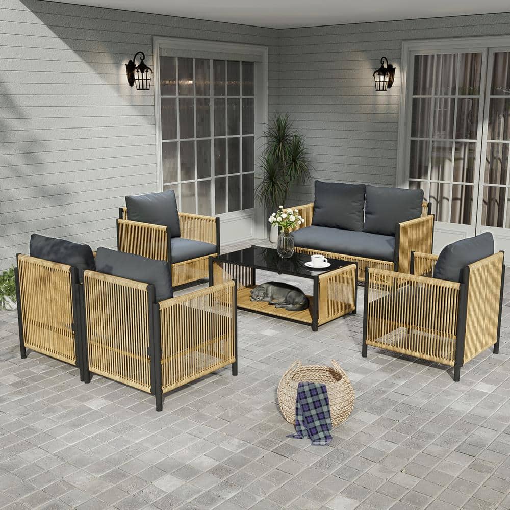 Brown 6-Piece Wicker Outdoor Patio Sofa Set, Sectional Sofa, 2 in. Black Te
