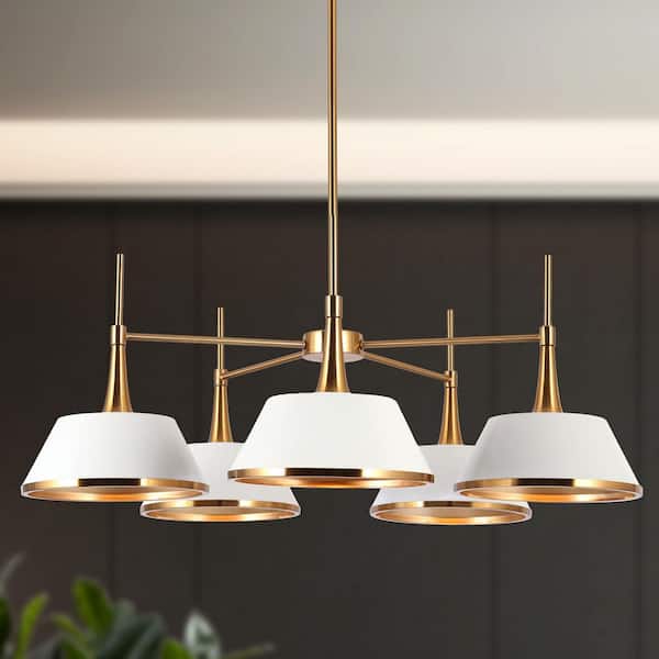 Modern 5-Light Matte White and Plated Brass Chandelier contemporary Island Ceiling Light with Bell Shade for Living Room