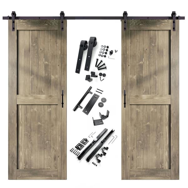 36 in. x 96 in. H-Frame Classic Gray Double Pine Wood Interior Sliding Barn Door with Hardware Kit, Non-Bypass