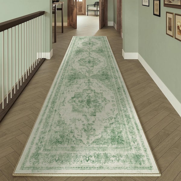Persia Green 2 ft. x 8 ft. Vintage Medallion Distressed Runner Rug