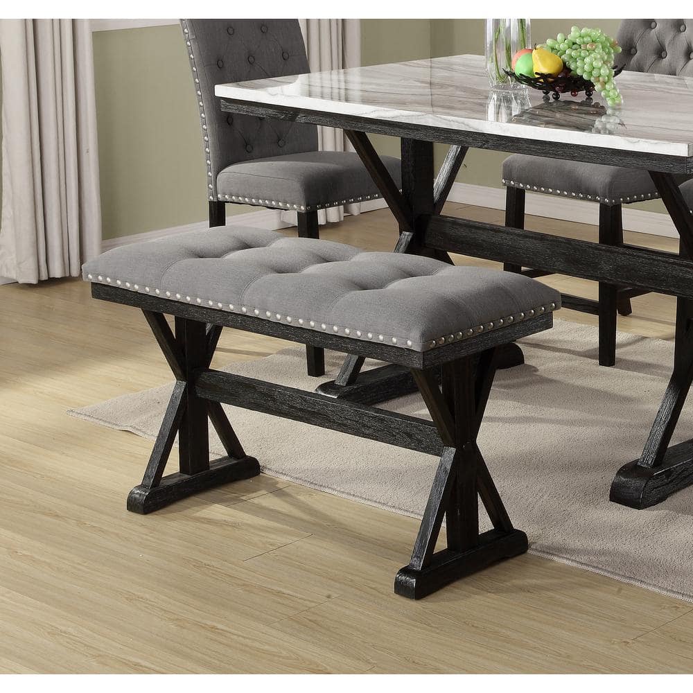 Gray Linen Upholstered Counterheight Bench with Black Base