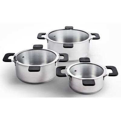 6-Piece Stainless Steel Inductive Pot Set with Straining and Hands-Free Glass Lids