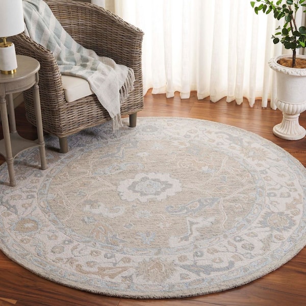 Ebony 4 ft. x 4 ft. Light Gray/Ivory Floral Border Round Area Rug