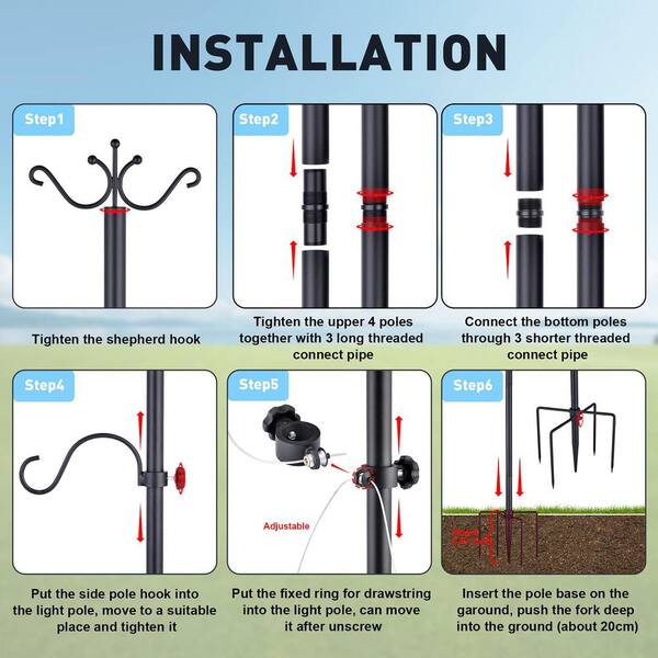 108 in Black with Hooks and Wire Rope Outdoor Patio String Lights Poles - (2-Pack) Metal Light Poles