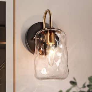 Black 1-Light Wall Light Modern Brass Mason Jar Textured Glass Shade Powder Room Bathroom Vanity Light