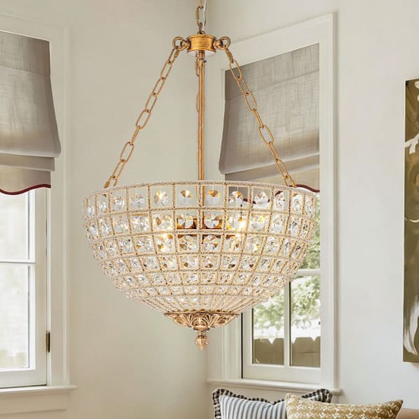 Iridescent 4-Light 17.9-in W Antique Gold Crystal Bowl Pendant Light for Living Room and Dining Room