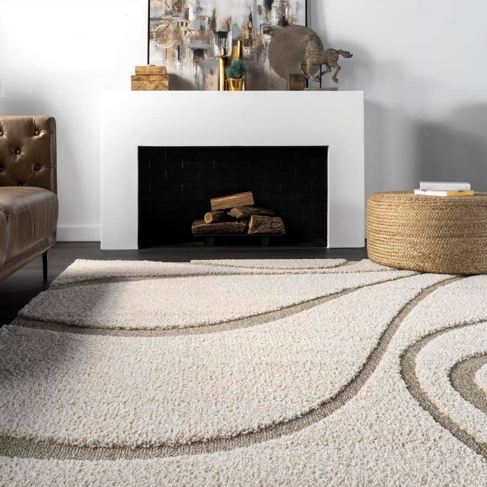 Elysian Cream Round Shag Area Rug with Abstract Design