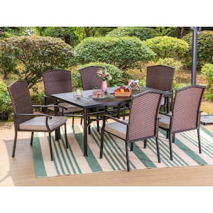 Black 7-Piece Metal Patio Outdoor Dining Set with Rectangle Table and Rattan Chairs with Beige Cushion